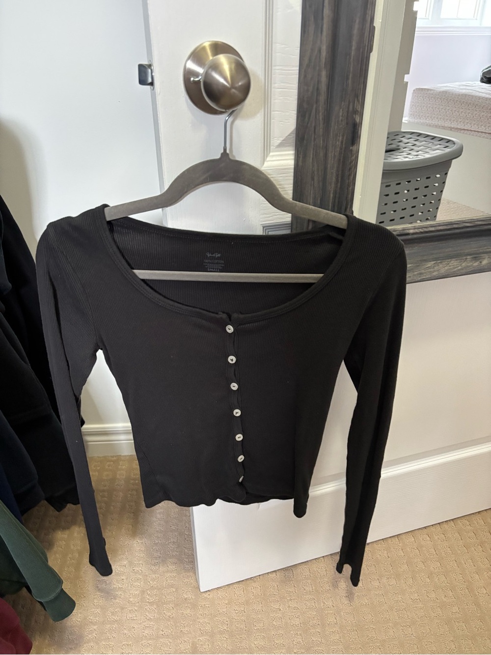 Brandy Melville Black Ribbed Long-Sleeve Button Front Top